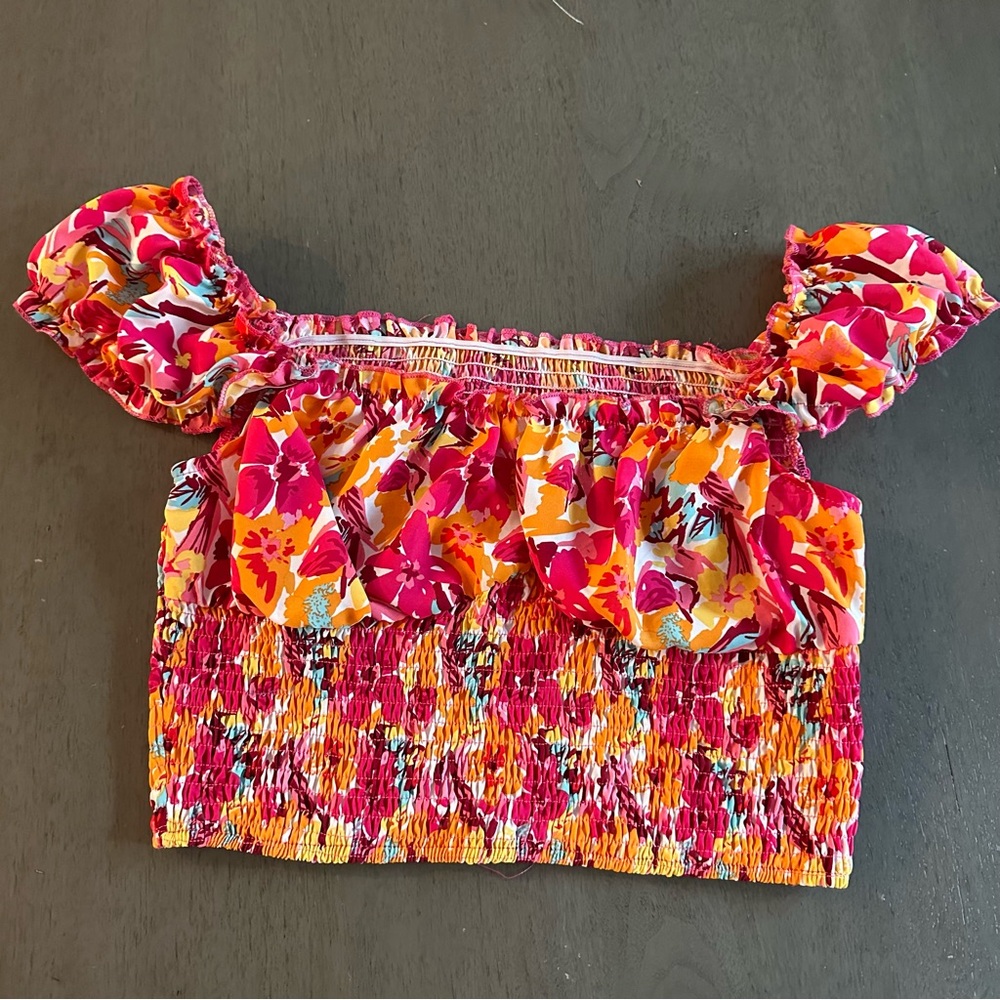 SHEIN Shirred Crop Top Orange and Red Floral Size Large 8/10 - Picture 5 of 10
